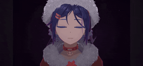 a girl with blue hair wearing a santa hat and a red collar