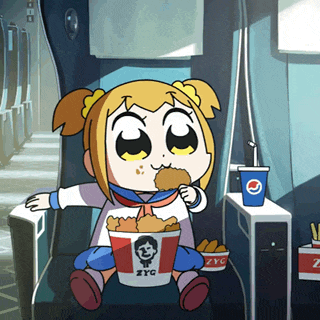 a cartoon girl is sitting in a chair eating a bucket of zyc chicken