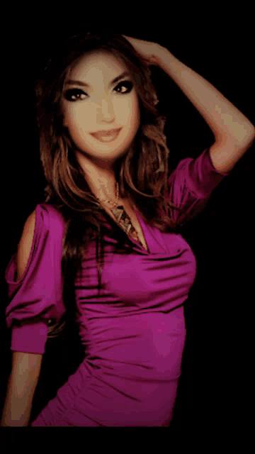 a woman in a purple dress is posing for a photo