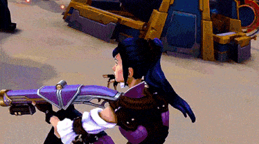 a woman in a purple outfit is holding a gun in a video game .