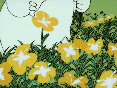 a cartoon drawing of a person standing in a field of flowers