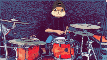 a cartoon drawing of a person playing drums with a cat on their head