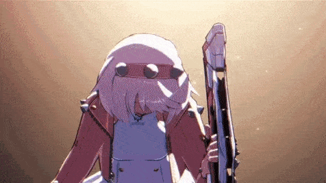 a cartoon character is holding a large sword in her hands .