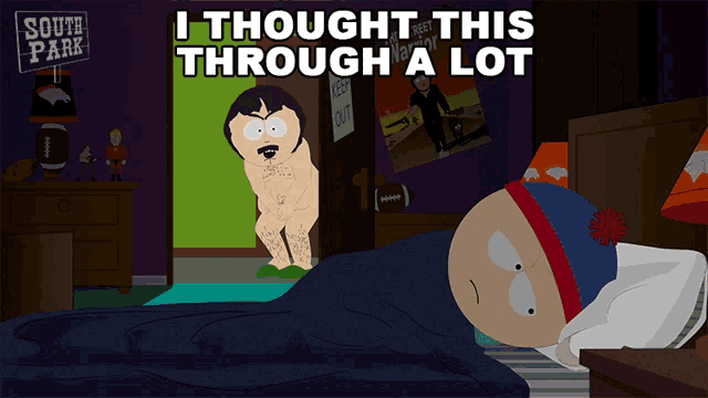 stan marsh from south park laying in bed with a sign that says south park on it