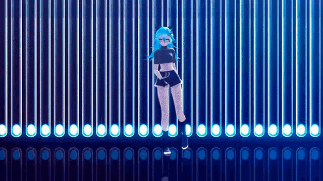 a 3d anime girl with blue hair is standing in front of a blue wall .