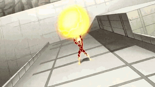 a cartoon character is holding a ball of fire in his hand .