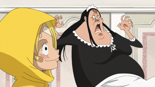a cartoon character wearing a yellow hood and a maid outfit