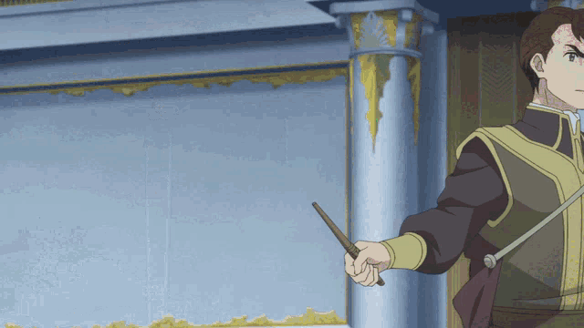 a man is holding a stick in front of a blue wall