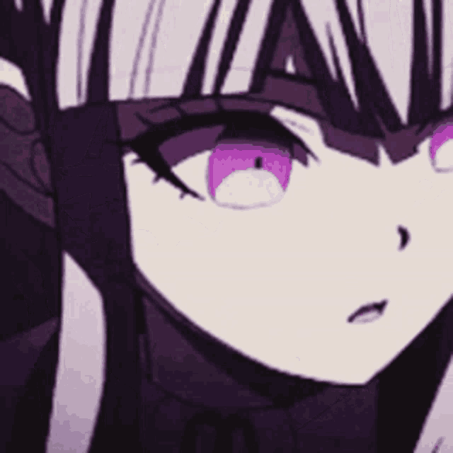 a close up of a anime girl 's face with purple eyes .