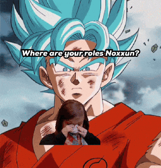 a cartoon of a man with blue hair and the words where are your roles noxxun