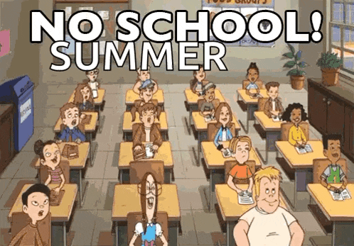 a cartoon of a classroom with the words " no school summer "