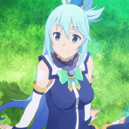 a blue haired anime girl with a green bow on her neck