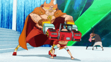 a cartoon drawing of a man holding a machine that says ' a ' on it