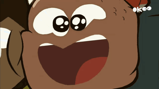 a close up of a cartoon character with okao written on the bottom right corner