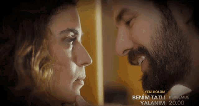 a man and a woman are looking at each other with the words benim tatli yalanim on the bottom right