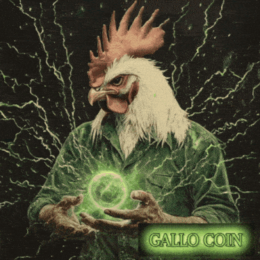 an advertisement for gallo coin shows a man with a chicken head