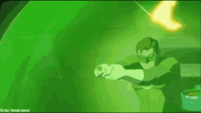 a green lantern is holding a sword in a dark room