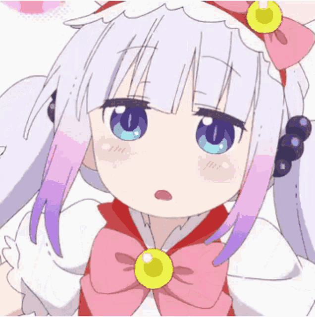 a girl with white hair and blue eyes is wearing a pink and purple outfit and a bow .