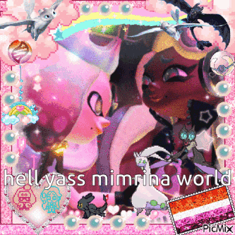 a collage of cartoon characters with the words " hell yass mimina world " on the bottom