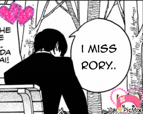 a black and white drawing of a man saying " i miss rory "
