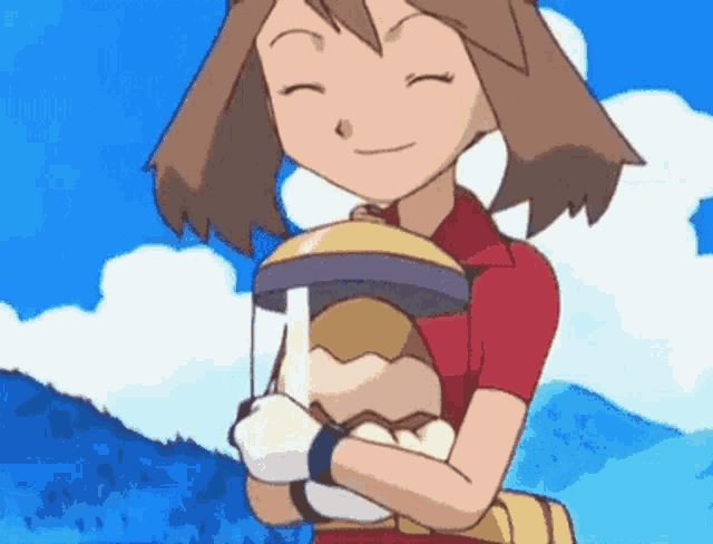 a cartoon girl is holding a hamburger in her arms .