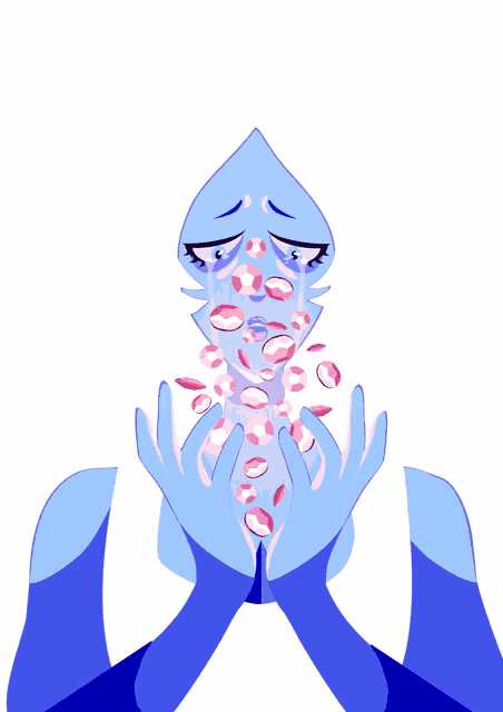 a blue cartoon character is crying and holding flowers