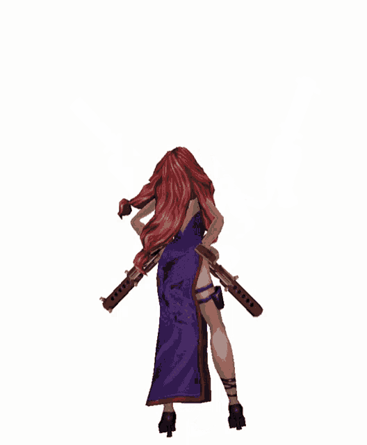 a woman in a purple dress is holding two guns over her head