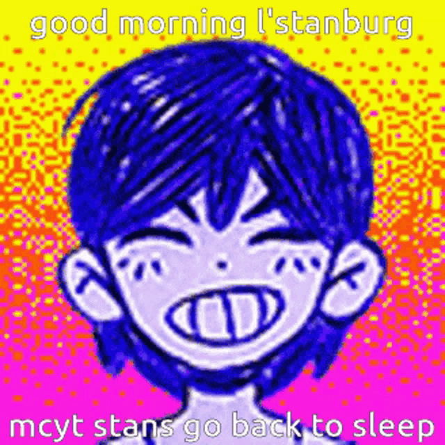 a pixel art of a boy with blue hair and a smiley face .