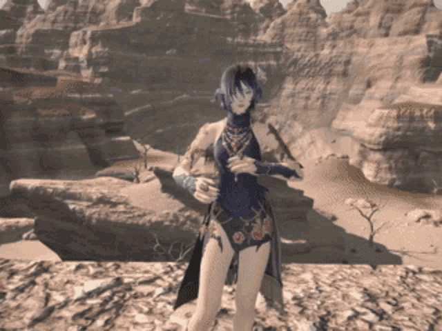 a woman standing in a desert holding a sword