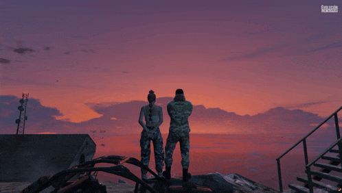 a man and a woman are standing on a rock looking at the sunset in a video game