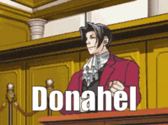 a man in a red suit stands at a podium with the name donahel written in white