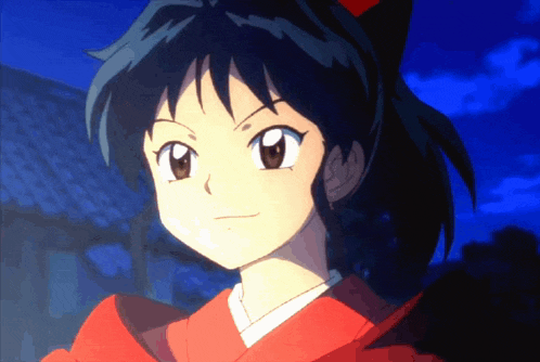 a close up of a cartoon character with a red kimono on