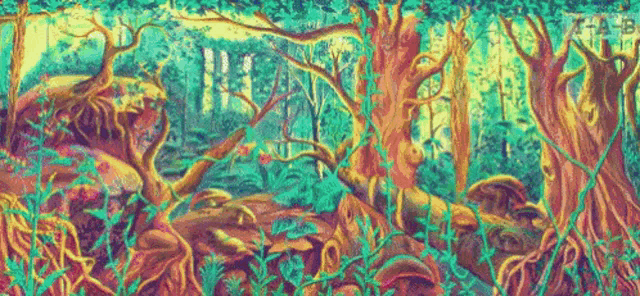 a colorful painting of a jungle with trees and rocks