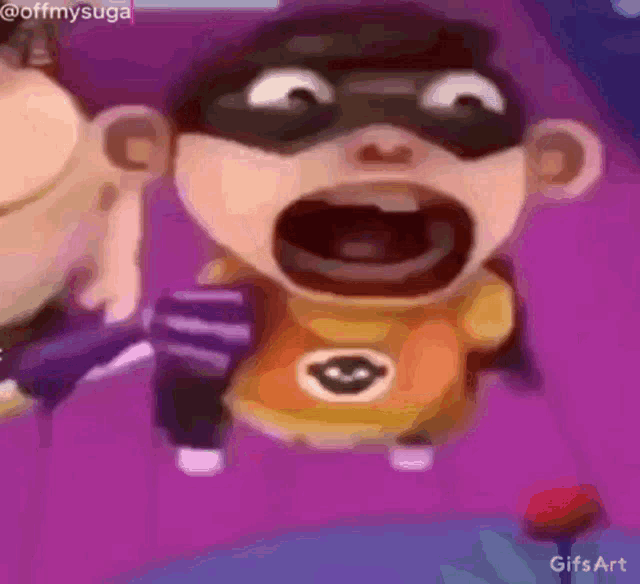 a close up of a cartoon character with a purple background