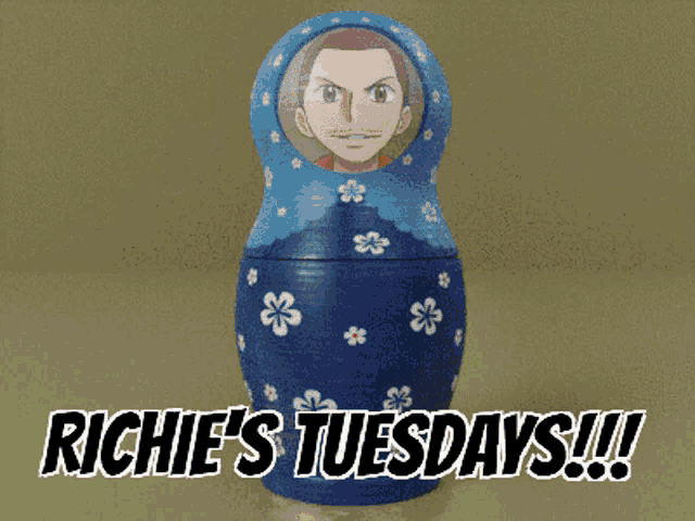 three russian nesting dolls with the words richie 's tuesdays written on the bottom