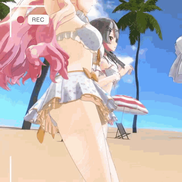 two anime girls are standing on a beach with a rec button