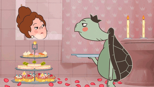 a cartoon of a turtle holding a tray of cupcakes in front of a woman in a bathtub
