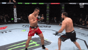 two men are fighting in a boxing ring with a manscaped banner behind them