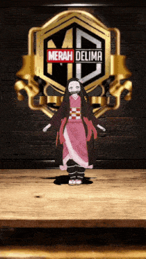 a girl in a kimono is standing in front of a merah delima logo
