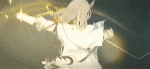 a woman in a white dress is holding a sword and a bow .