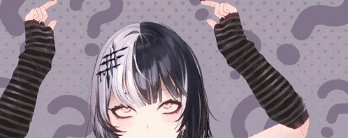 a girl with black and white hair has a question mark on her forehead