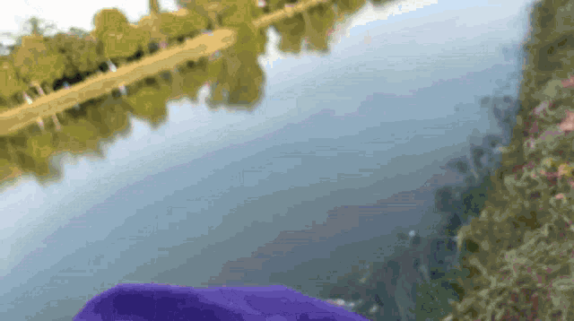 a blurry picture of a body of water with trees on the shore