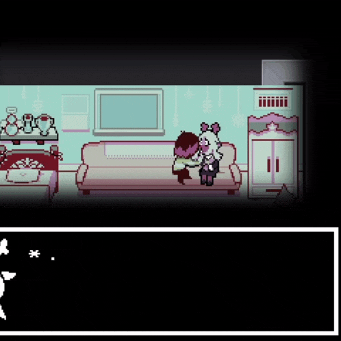 a pixel art of a girl hugging a boy on a couch in a living room