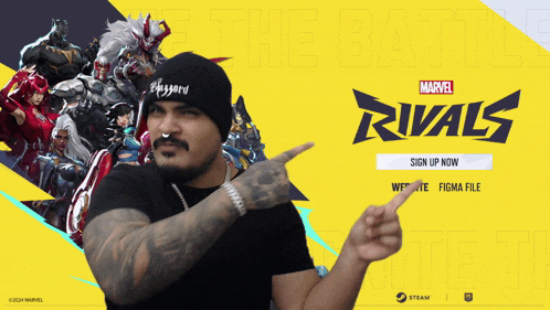a man pointing at a marvel rivals sign up page