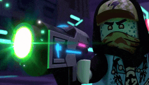 a lego character is holding a gun with a green light on it .