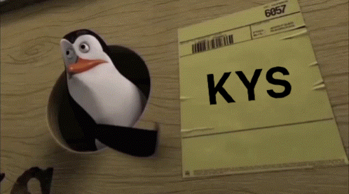 a penguin is sticking its head out of a hole next to a card that says kys