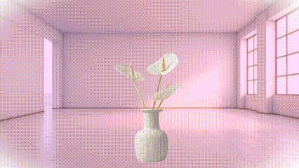 a brown horse standing next to a white vase with flowers in it