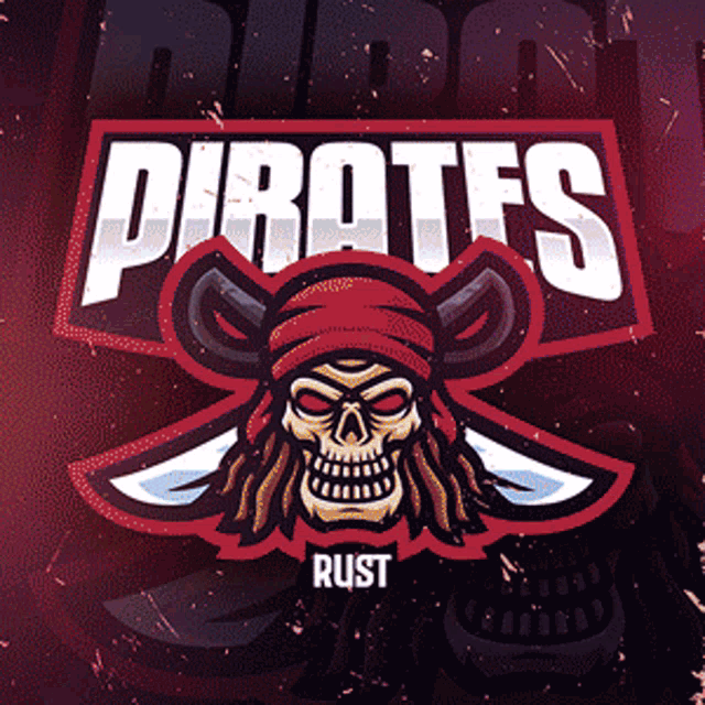 a logo for pirates rust with a skull with a pirate hat on