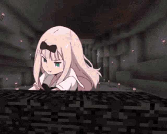 a girl with pink hair and green eyes is standing in a dark room