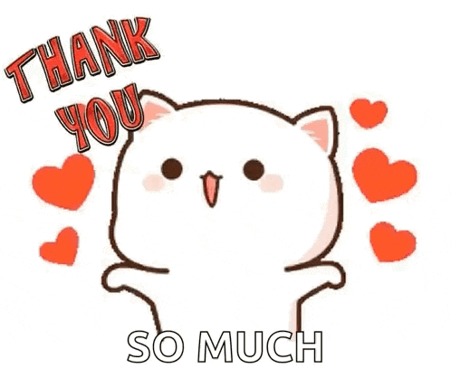 a cartoon cat is saying `` thank you so much '' with hearts around it .